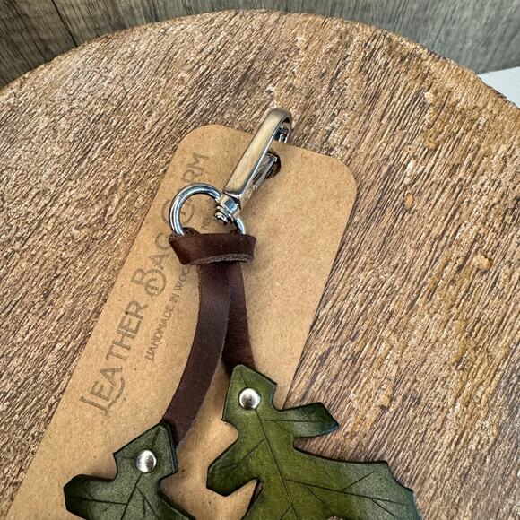 Leather Autumn Fall Purse Charm Oak Leaf Bag Charm Genuine Leather Keychain - Picture 5 of 8
